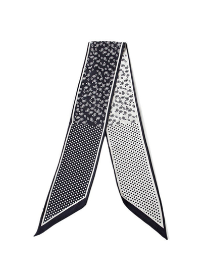 Black and white long narrow scarf with paisley and polka-dot print