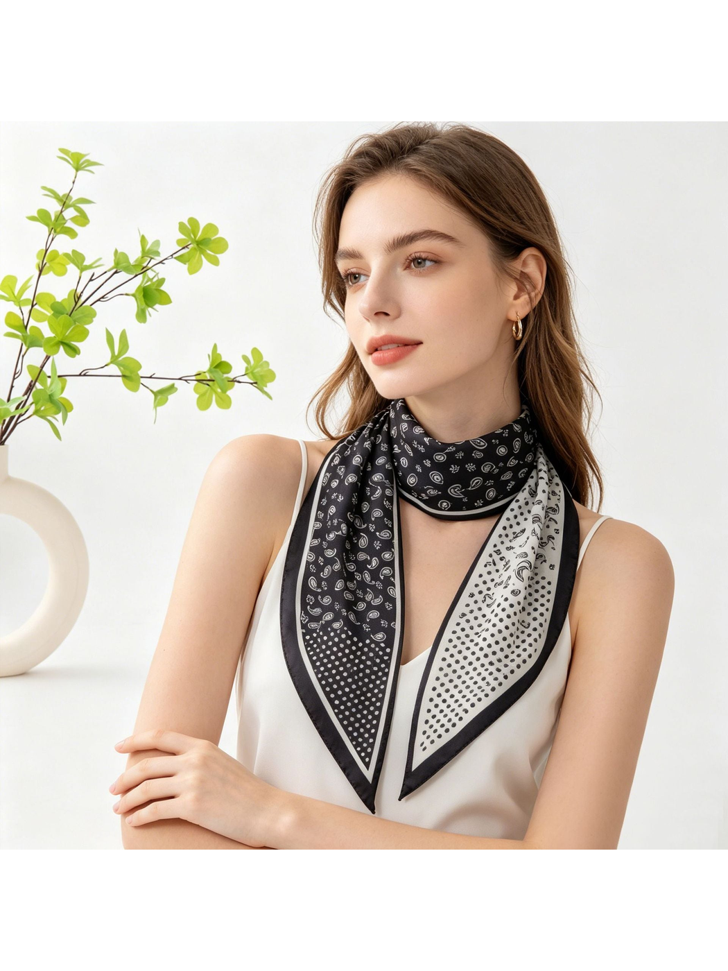 Black and white paisley and polka-dot scarf styled around the neck