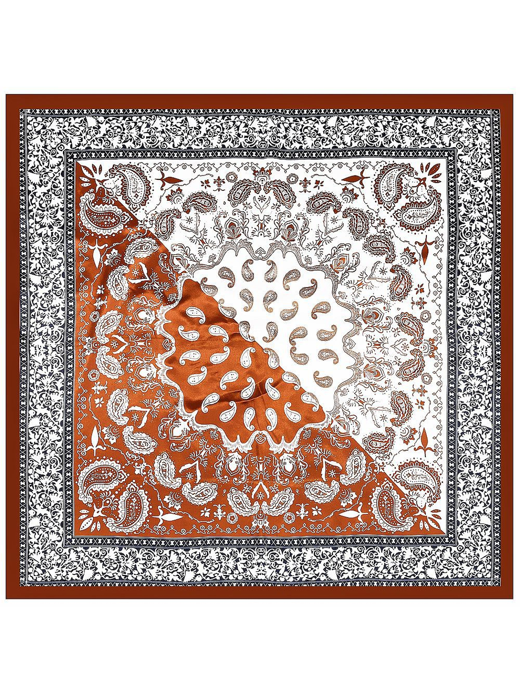 Caramel square scarf with paisley medallion and ornamental border