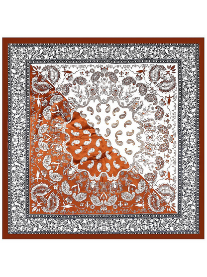 Caramel square scarf with paisley medallion and ornamental border