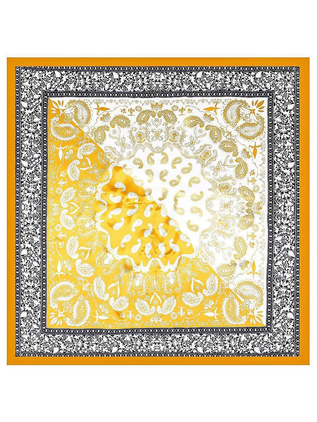 Yellow square scarf with paisley medallion and ornamental border