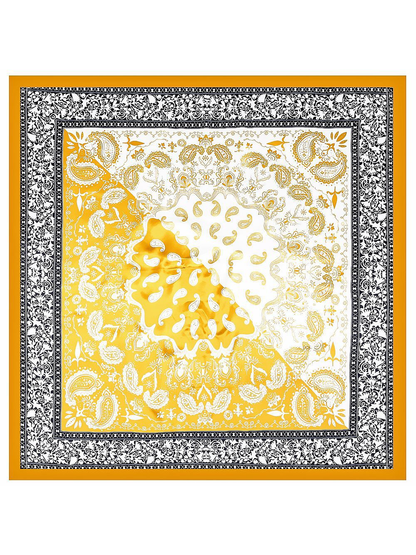 Yellow square scarf with paisley medallion and ornamental border