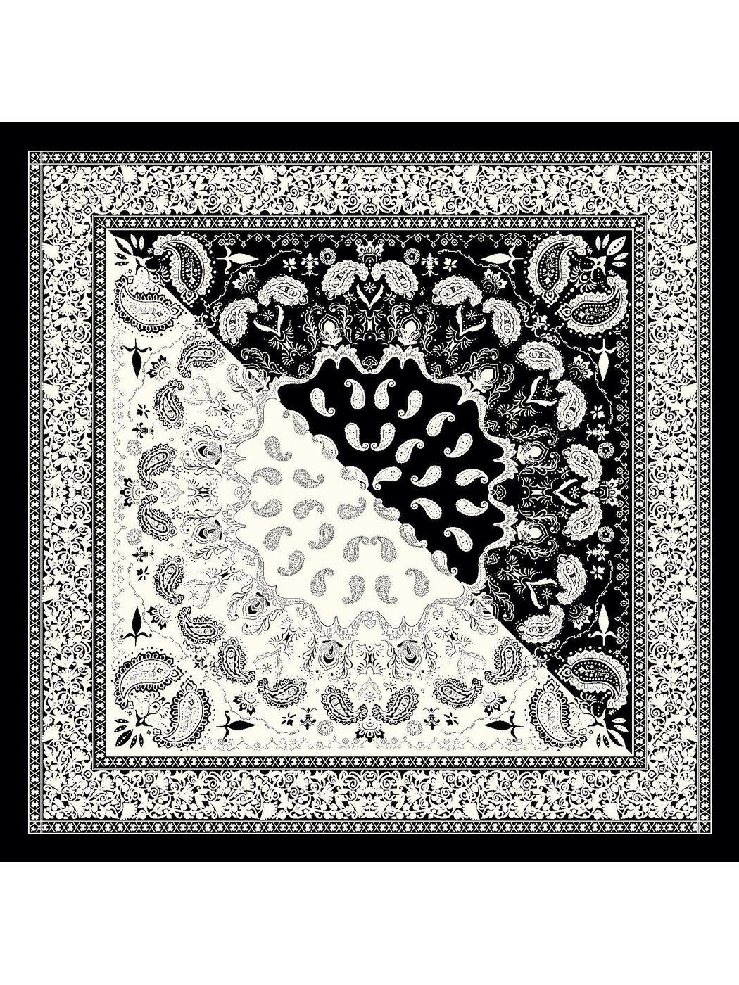 Black square scarf with paisley medallion and ornamental border