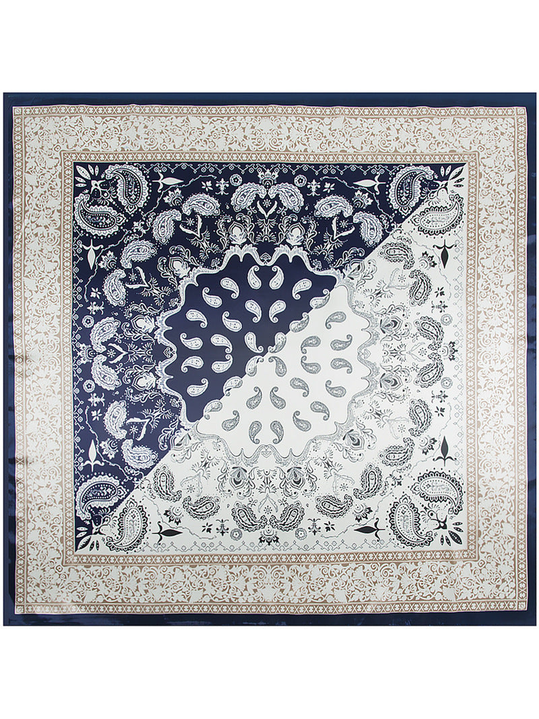 Navy square scarf with paisley medallion and ornamental border
