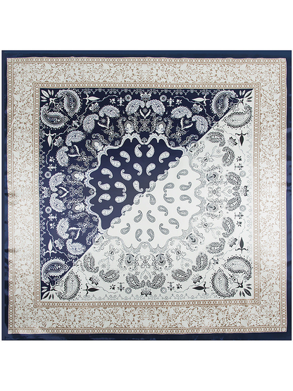 Navy square scarf with paisley medallion and ornamental border