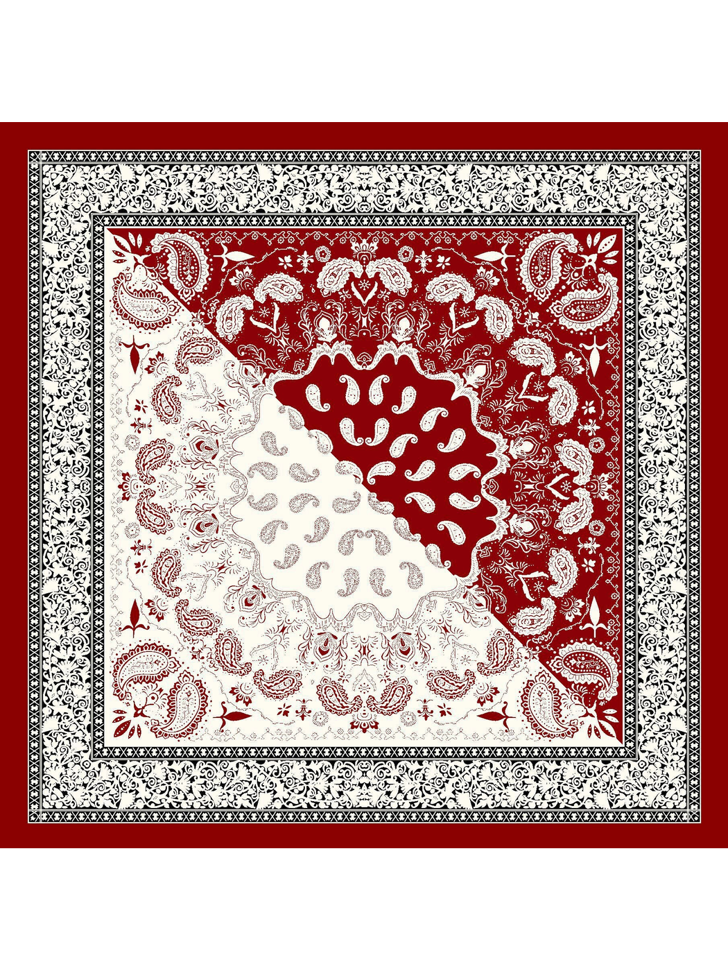 Burgundy square scarf with paisley medallion and ornamental border