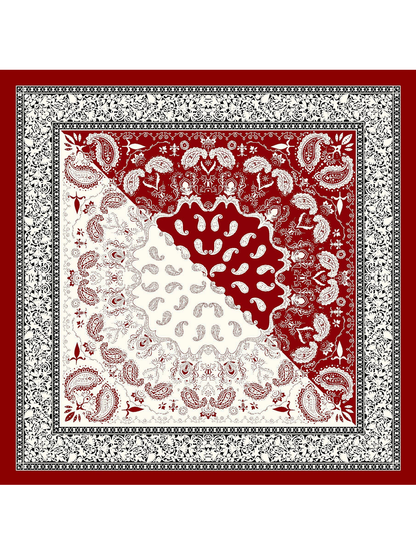 Burgundy square scarf with paisley medallion and ornamental border