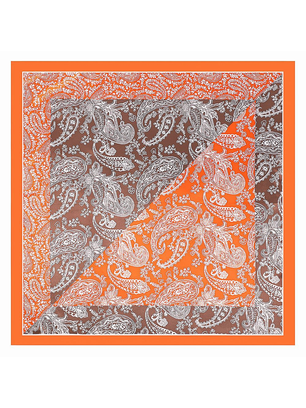 Orange square scarf with overlapping paisley color-block panels