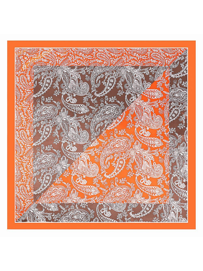 Orange square scarf with overlapping paisley color-block panels