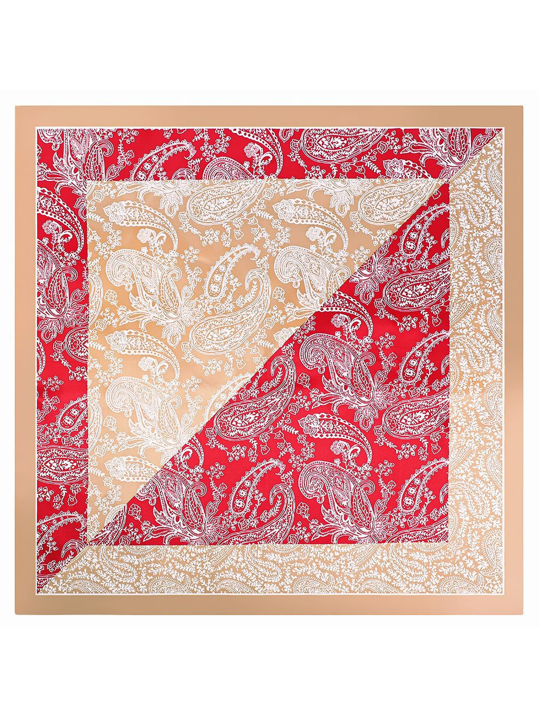 Beige square scarf with red paisley color-block panels