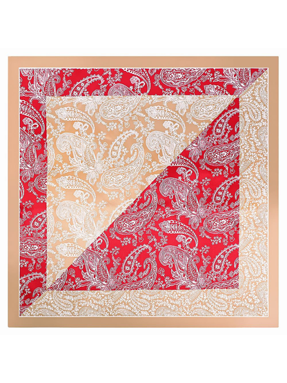 Beige square scarf with red paisley color-block panels