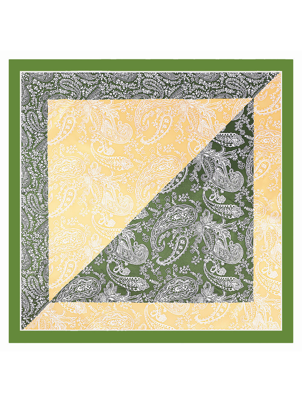 Green square scarf with yellow paisley color-block panels