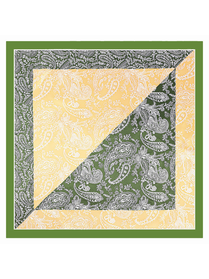 Green square scarf with yellow paisley color-block panels
