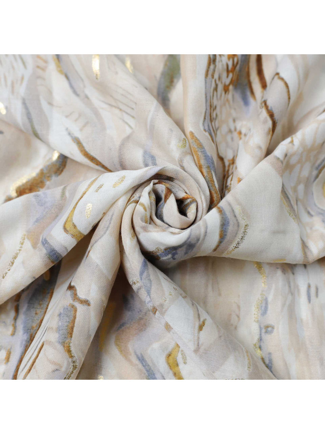 Close-up of the abstract scarf gathered into a twist with gold-tone accents