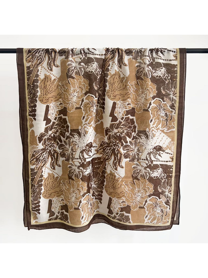 Brown rectangular scarf with oversized floral and butterfly print