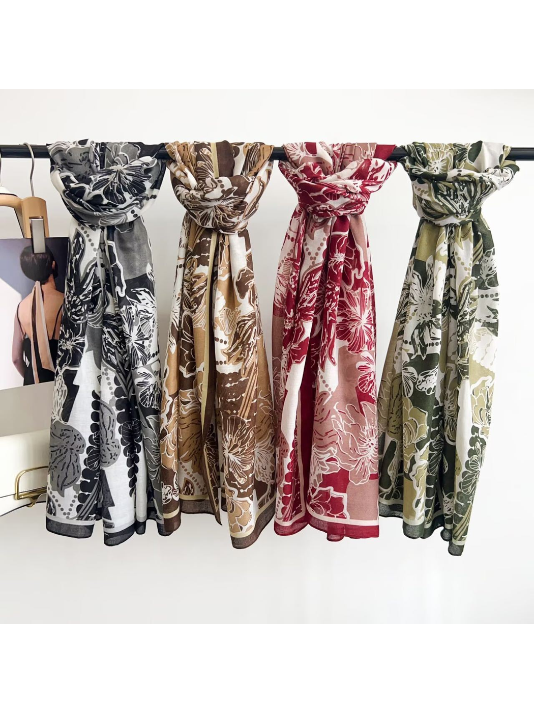 Brown, Army Green, Black Gray and Red floral scarves displayed together