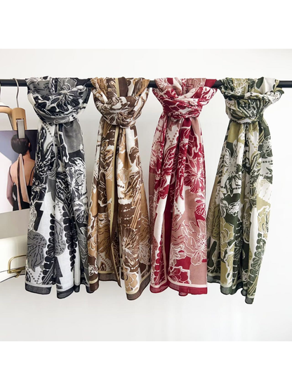 Brown, Army Green, Black Gray and Red floral scarves displayed together