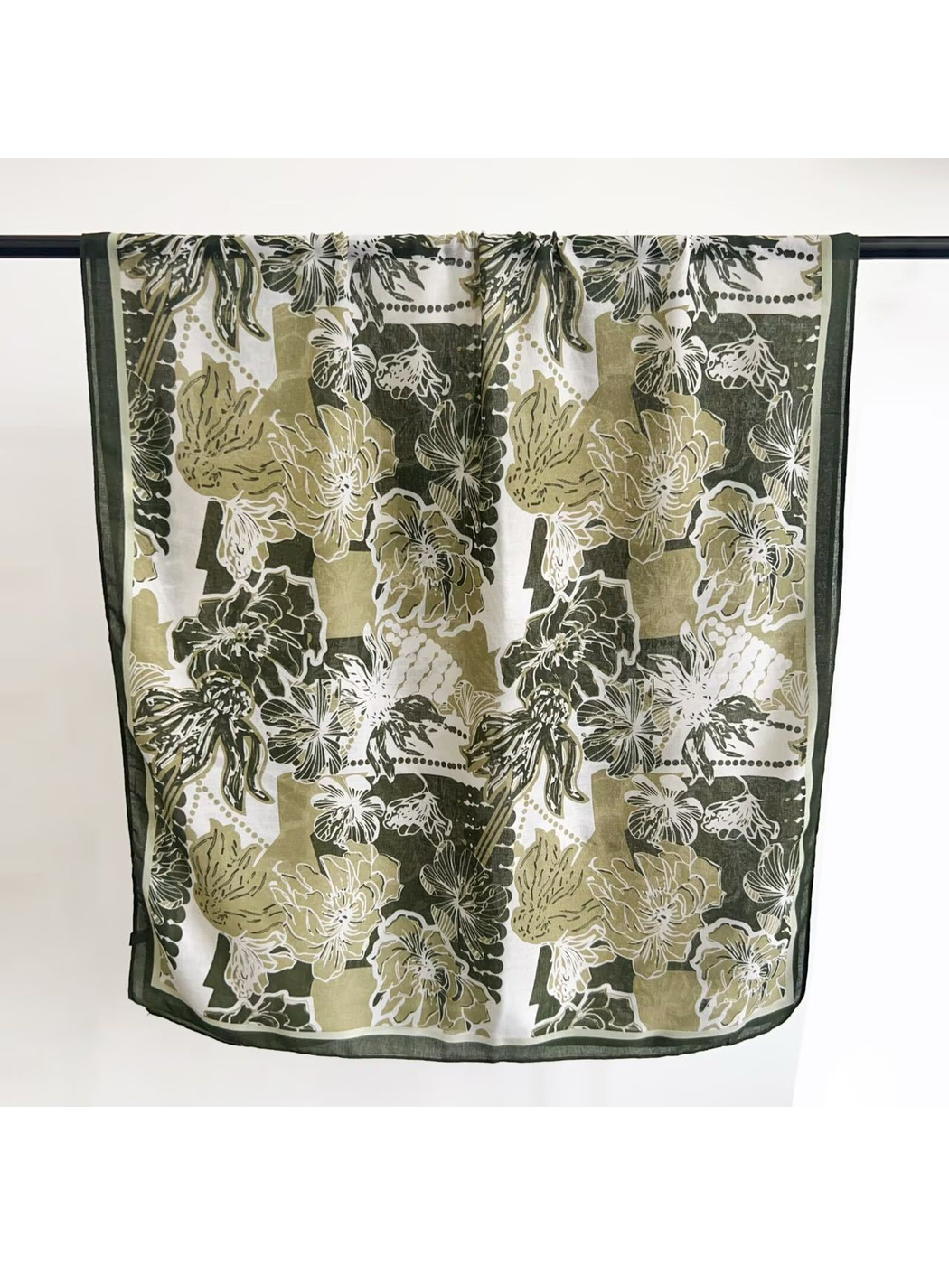 Army Green rectangular scarf with oversized floral and butterfly print