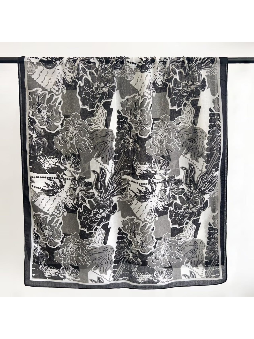 Black Gray rectangular scarf with oversized floral and butterfly print