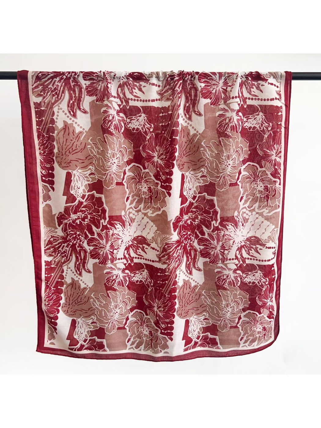 Red rectangular scarf with oversized floral and butterfly print