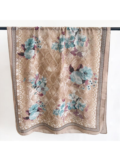 Beige floral scarf with aqua flowers and geometric border