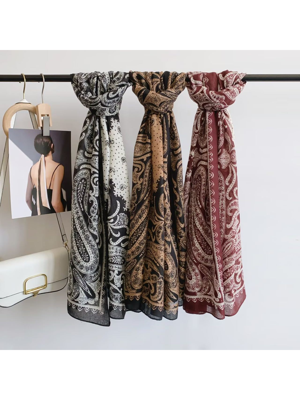 Black White, Black Camel and Dark Red paisley scarves displayed together