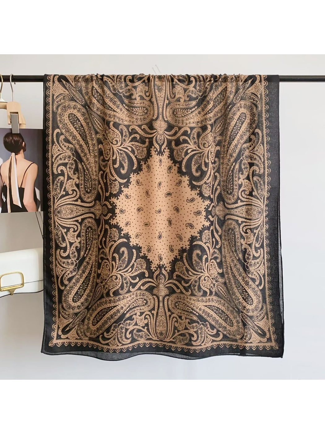 Black Camel paisley scarf displayed open to show the full pattern