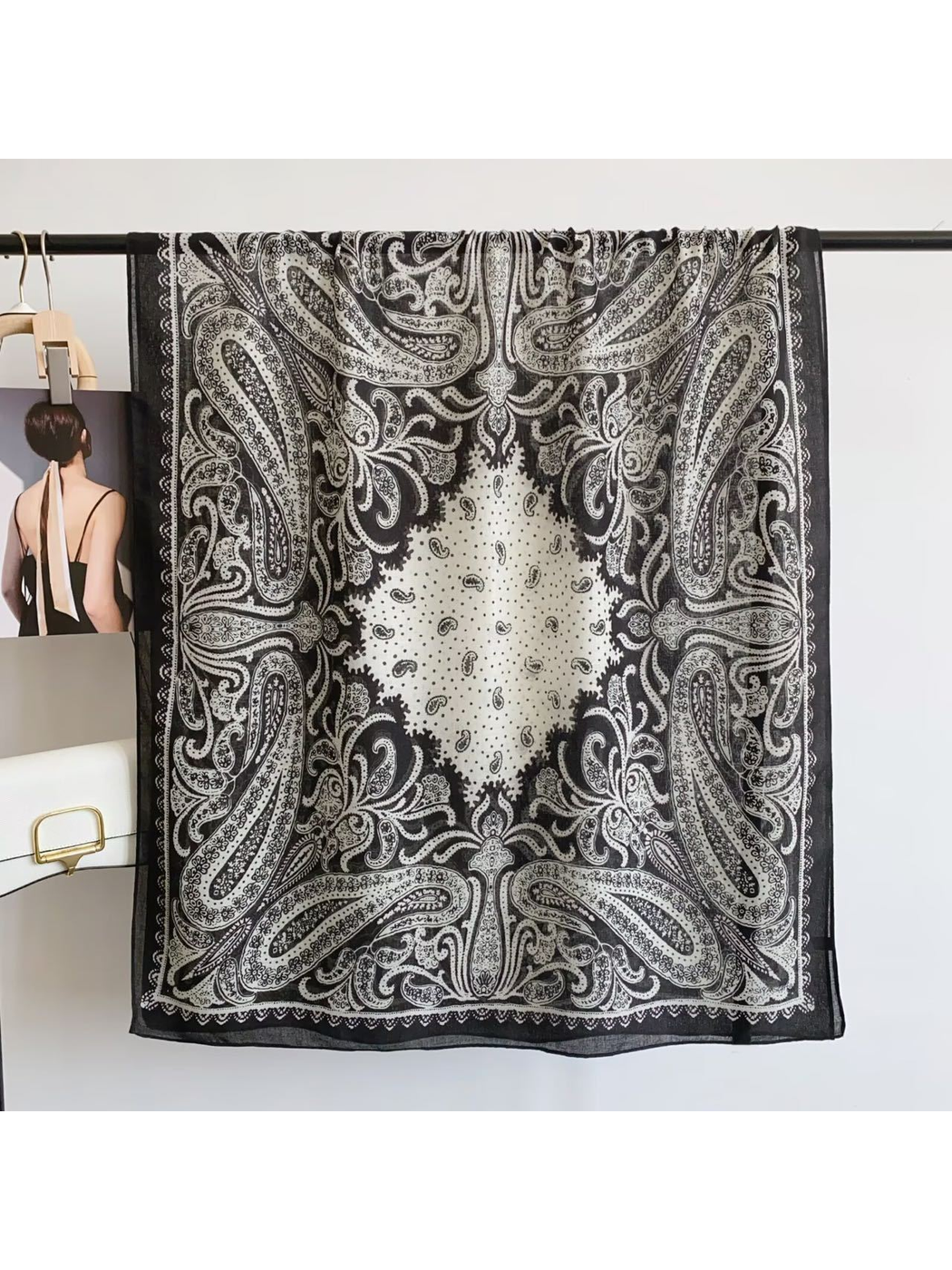 Black White paisley scarf displayed open to show the full pattern