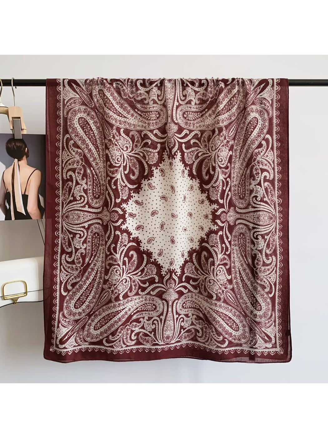Dark Red paisley scarf displayed open to show the full pattern