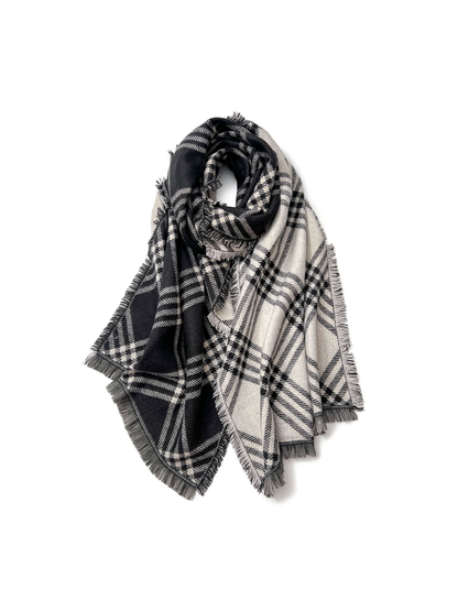 Black Gray large-scale plaid scarf with fringed edges