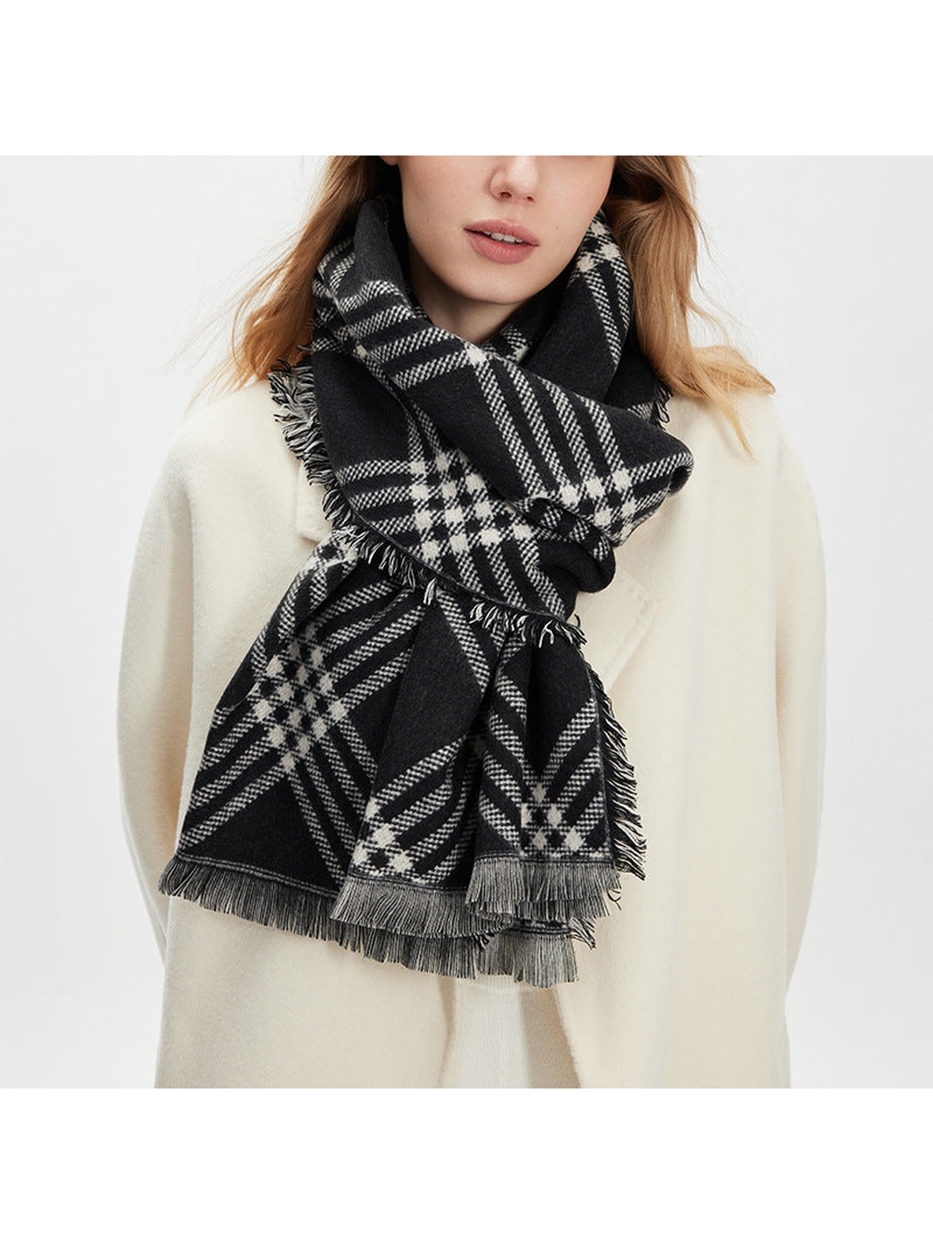 Black Gray plaid scarf styled in a compact knotted wrap