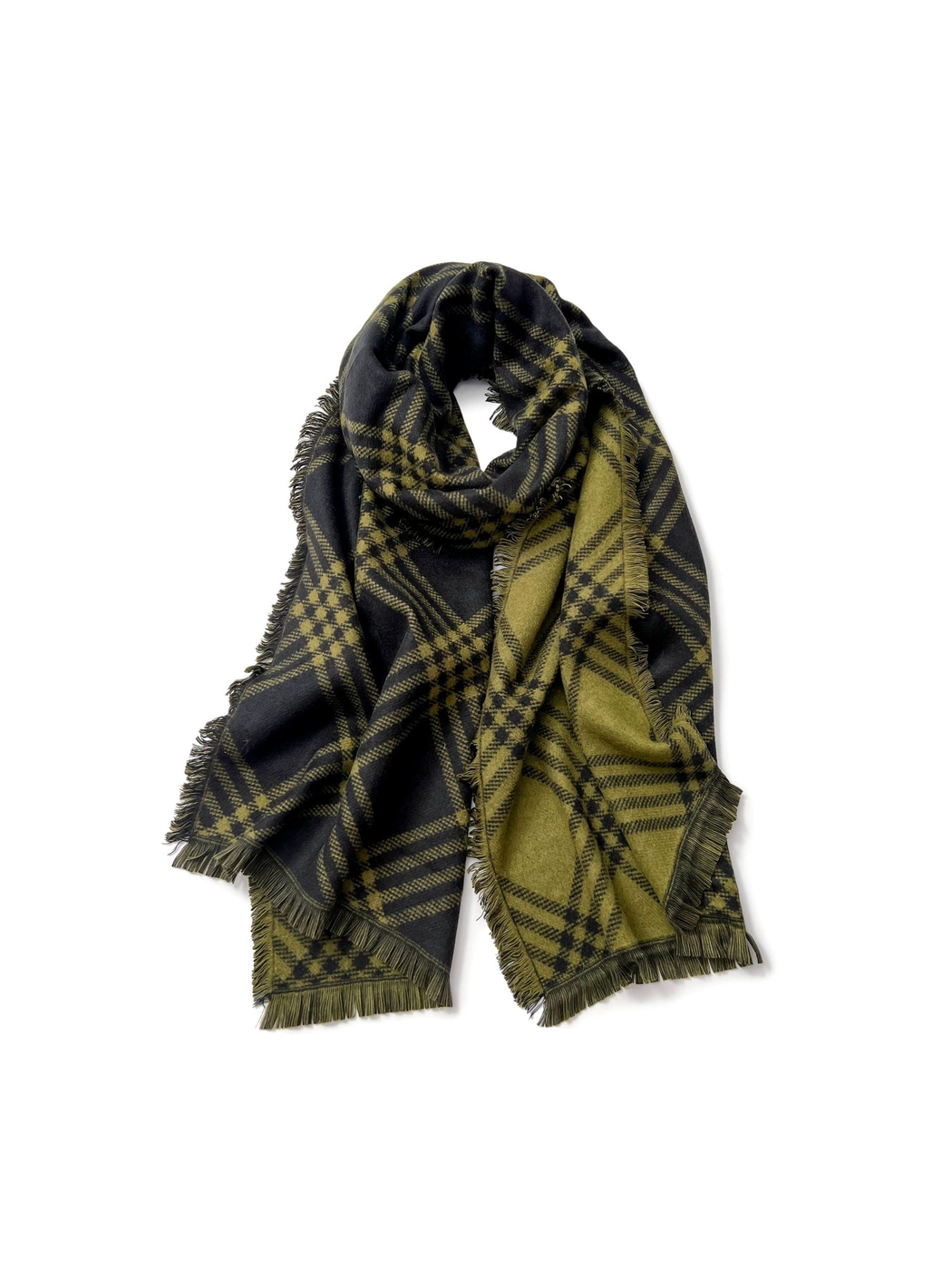 Army Green plaid scarf with fringed edges