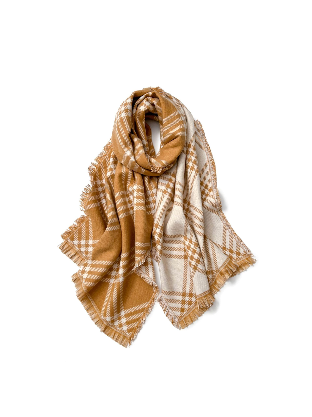 Caramel plaid scarf with contrasting reverse and fringed edges