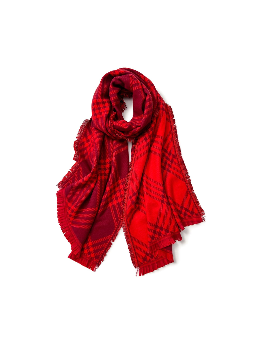 Red plaid scarf with fringed edges