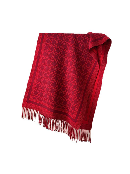 Red abstract-line scarf with framed border and fringed ends, folded display