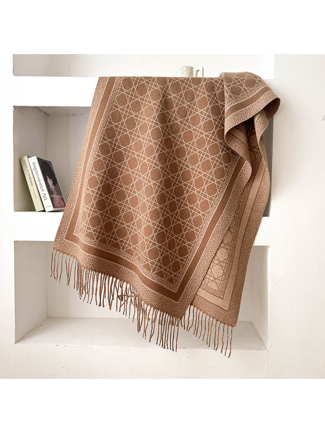 Camel abstract-line scarf with framed border and fringed ends, draped display