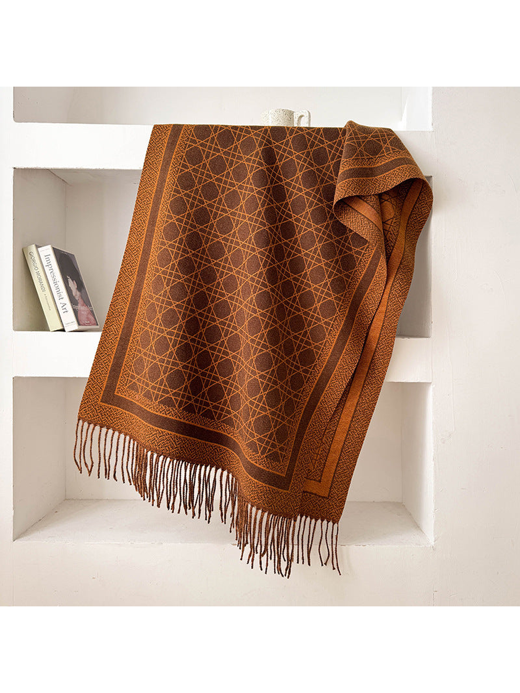 Dark Coffee abstract-line scarf with framed border and fringed ends, draped display