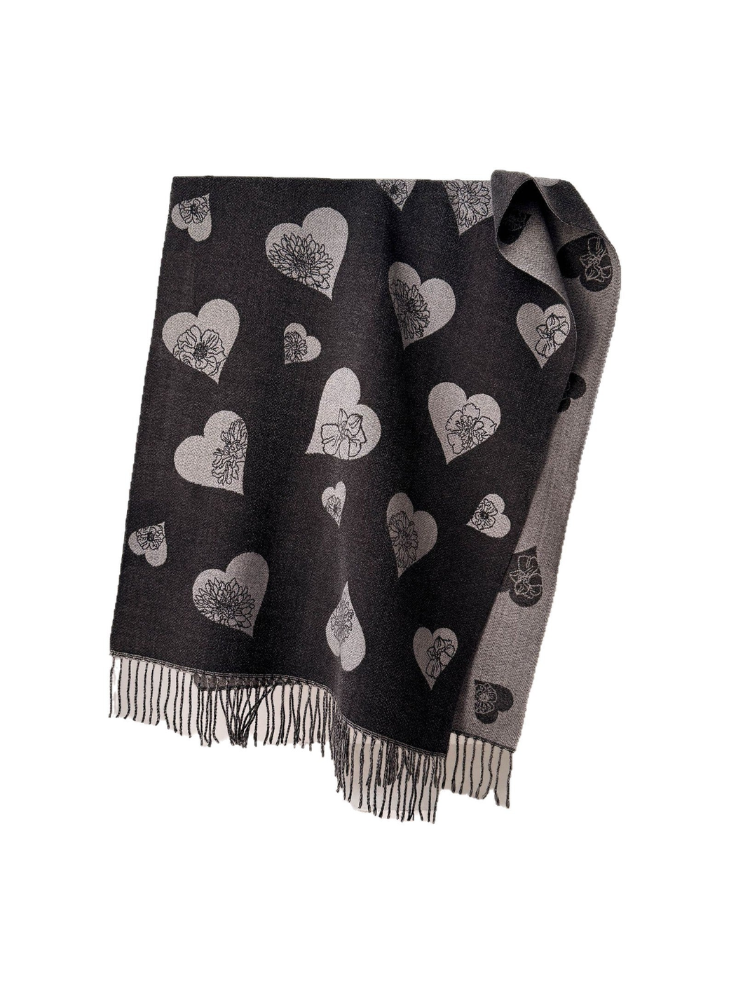 Black reversible heart and floral scarf with fringed ends