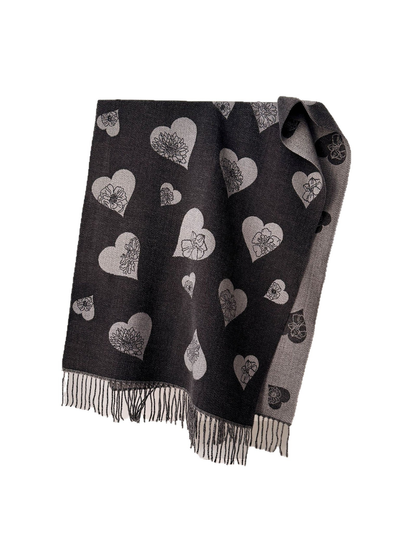Black reversible heart and floral scarf with fringed ends