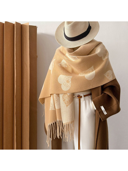 Light Khaki heart and floral scarf styled over a mannequin with a hat