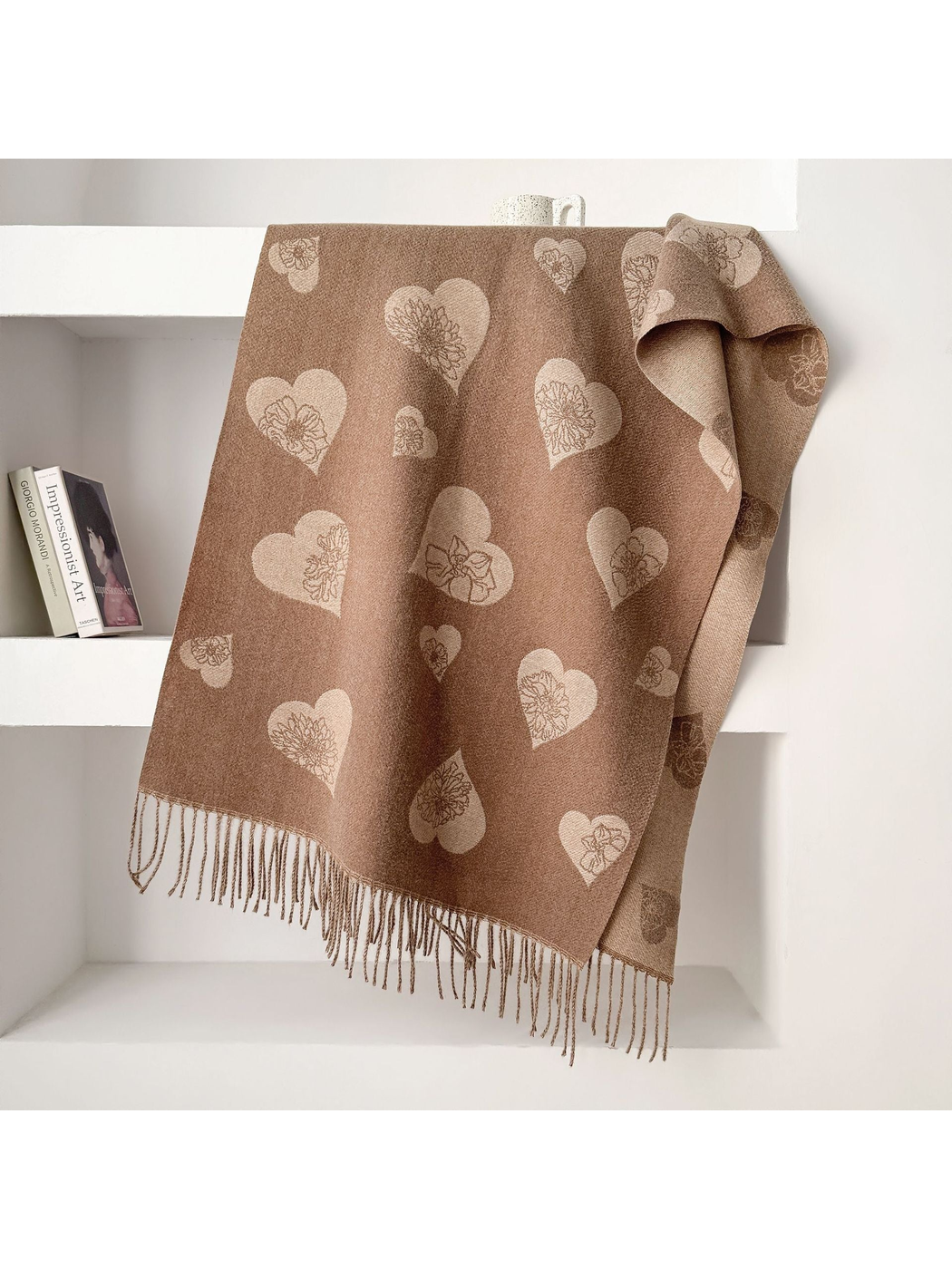 Chocolate Brown heart and floral scarf with fringed ends