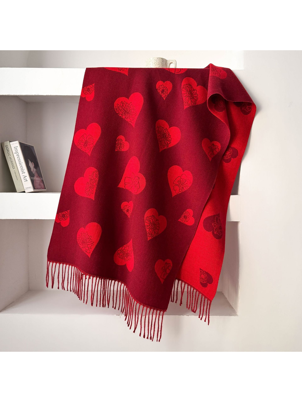 Red heart and floral scarf with fringed ends