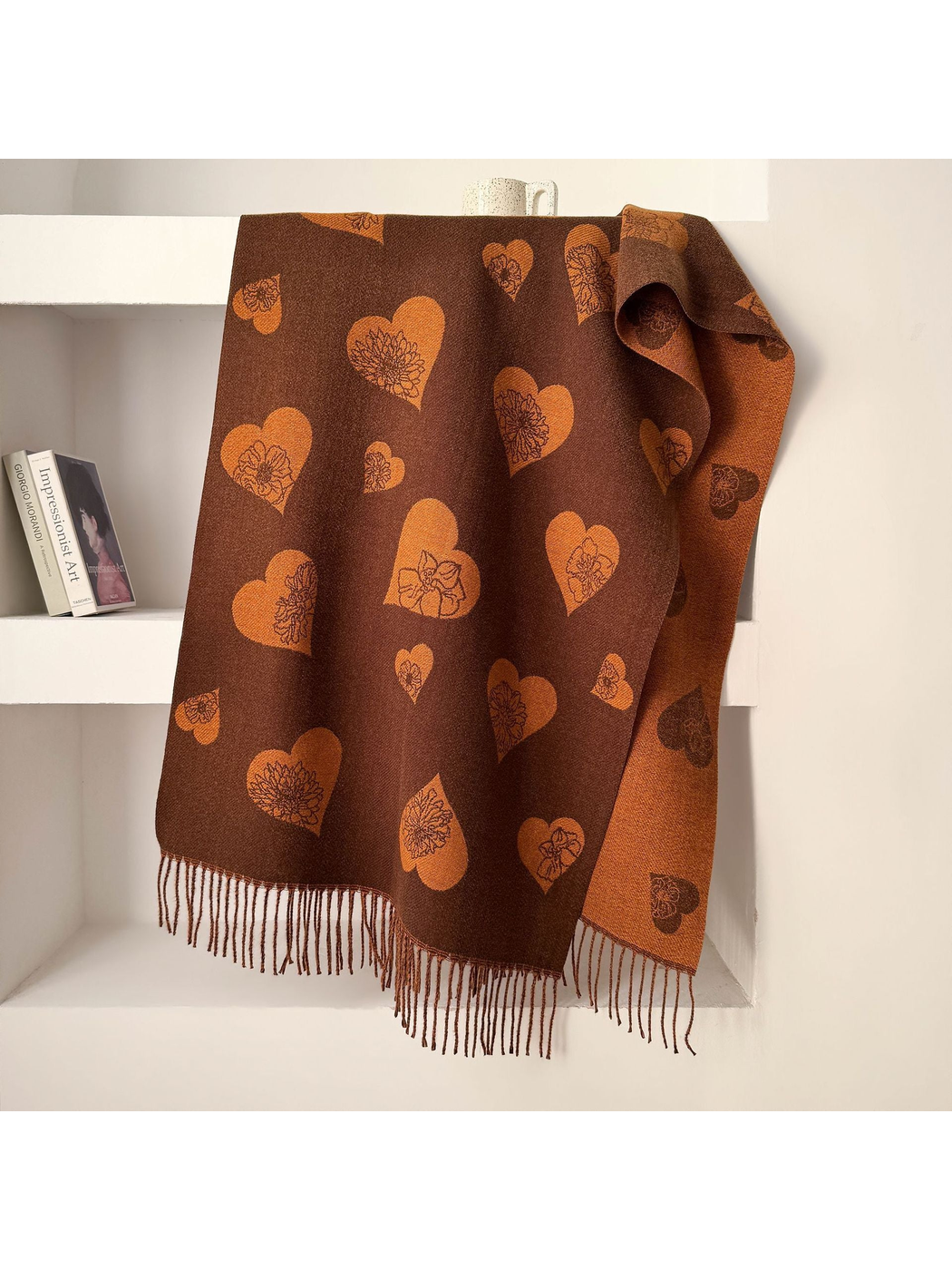 Dark Brown heart and floral scarf with fringed ends