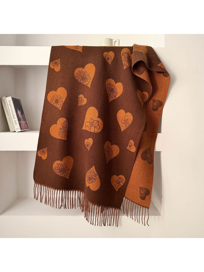 Dark Brown heart and floral scarf with fringed ends
