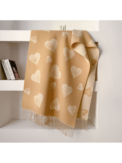 Light Khaki heart and floral scarf with fringed ends