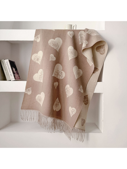 Milk Tea heart and floral scarf with fringed ends
