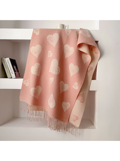 Pink heart and floral scarf with fringed ends