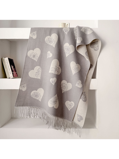 Gray heart and floral scarf with fringed ends