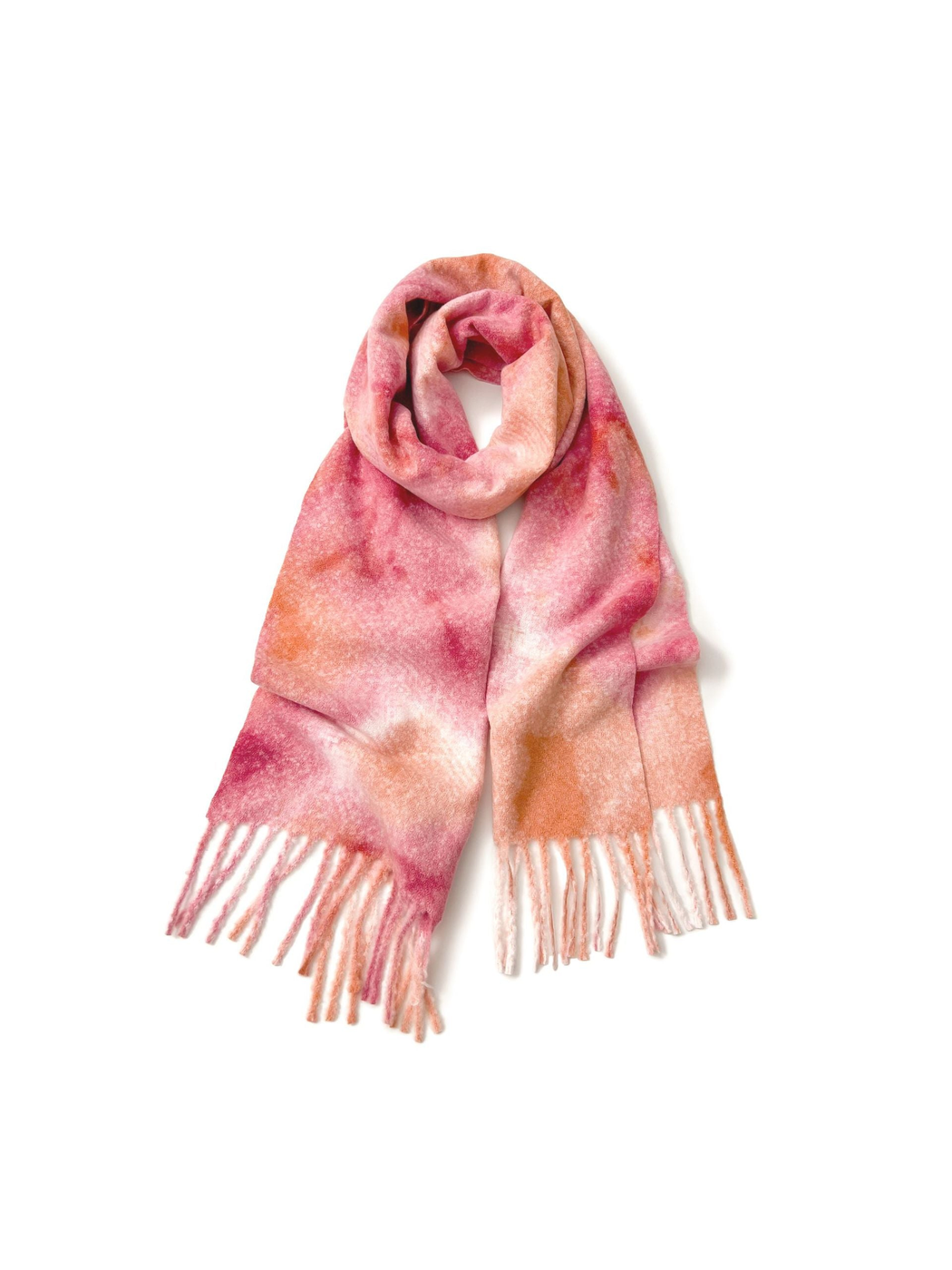 Pink abstract mottled scarf with long fringe