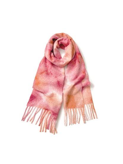 Pink abstract mottled scarf with long fringe
